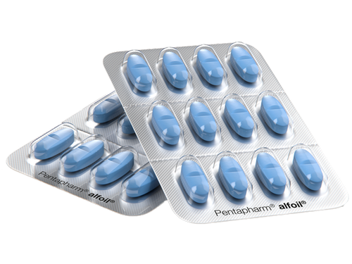 Pictures shows blue pills packed in blister packaging