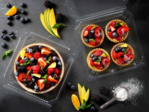 Clear PET hinged bakery containers showcasing fruit tarts and tartlets for bakery retail, takeaway and foodservice applications.