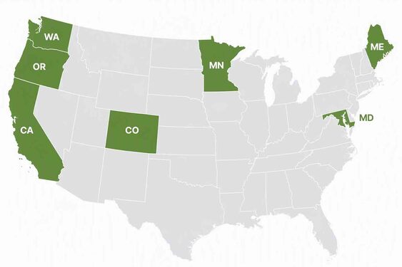 Map of US states with Extended Producer Responsibility (EPR) packaging laws, highlighting state-level packaging compliance requirements and reporting obligations.