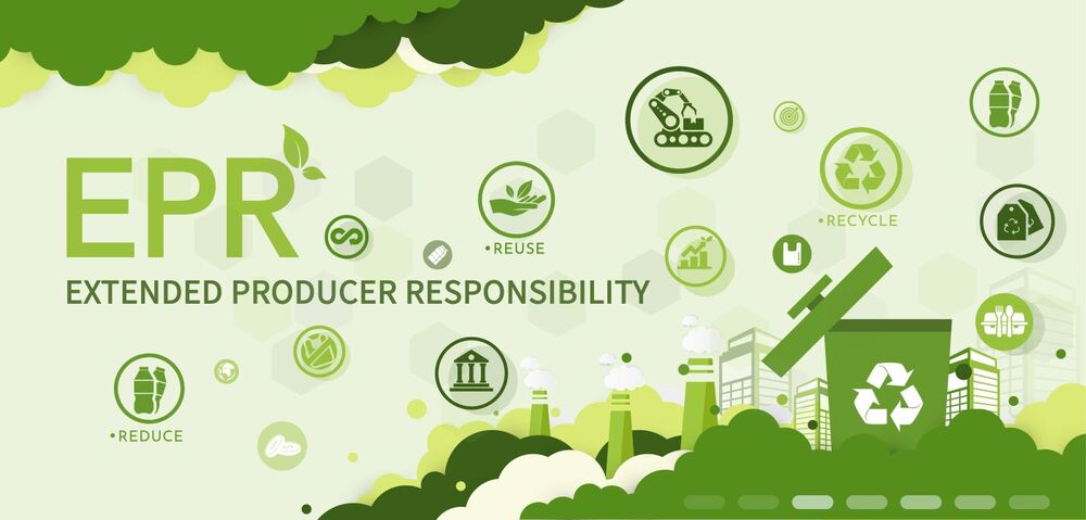 Extended Producer Responsibility (EPR) infographic illustrating recycling, reuse and sustainable packaging compliance within the circular economy.