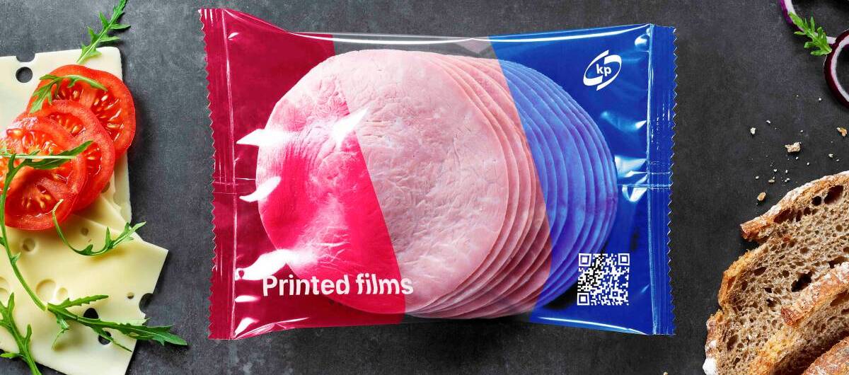 Picture showing a coloured kp food packaging flexible film with ham inside. 