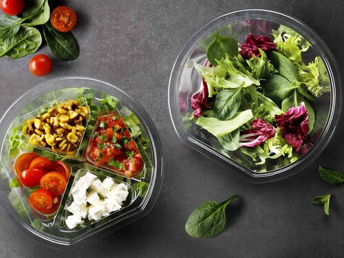 A transparent food packaging tray with various thingsfor Salad