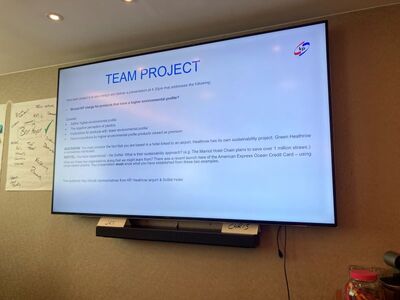 Image shows a screen with a presentation of a project group