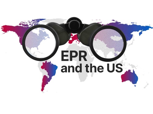Global packaging compliance concept showing binoculars and world map with EPR and US regulations for sustainable packaging