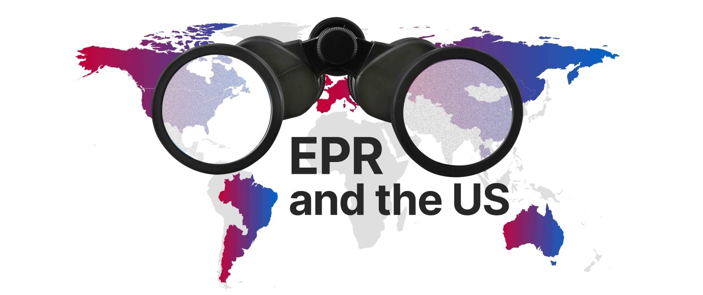 Global packaging compliance concept showing binoculars and world map with EPR and US regulations for sustainable packaging.