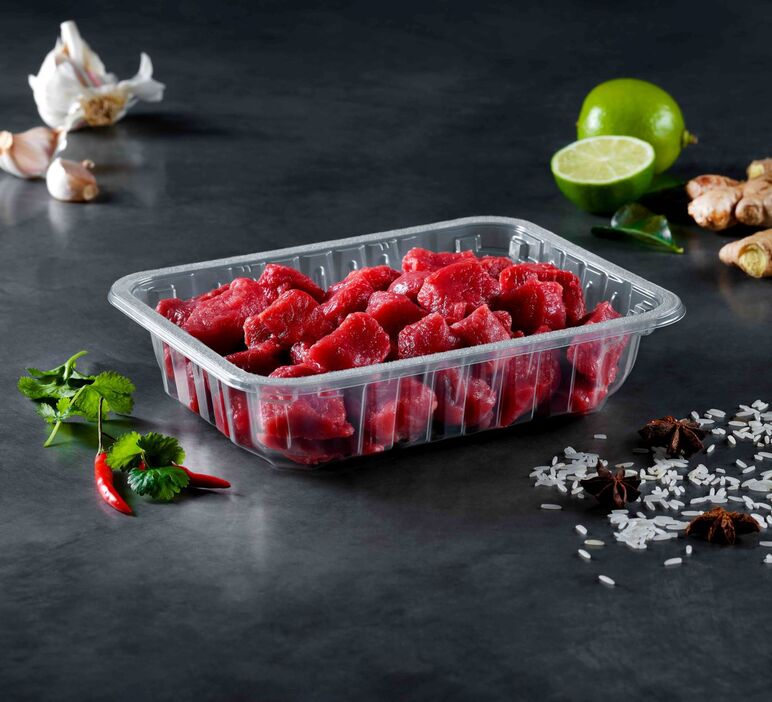 The Picture shows Meat in a kp food packaging tray