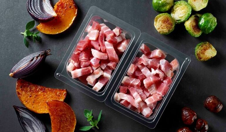 This picture is showing a transparent food packaging tray diced bacon