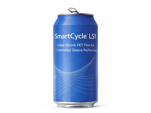 Picture showing a blue tin with a sherink sleeve film around it