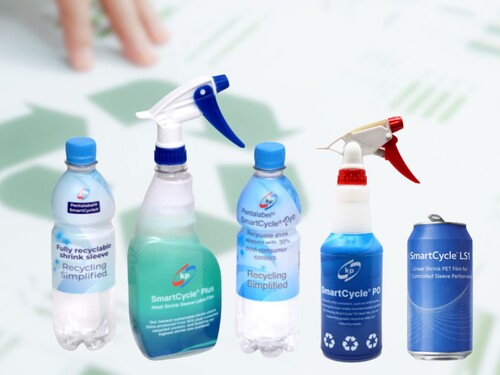 Picture showing various shrink label films blue and transparent coloured on water bottles, cleaning bottles and drinking tins 