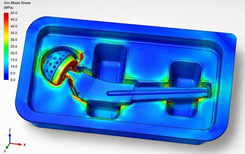 Finite element analysis (FEA) simulation of a thermoformed plastic packaging tray, visualising stress distribution and structural performance to optimise sustainable packaging design and manufacturing efficiency.
