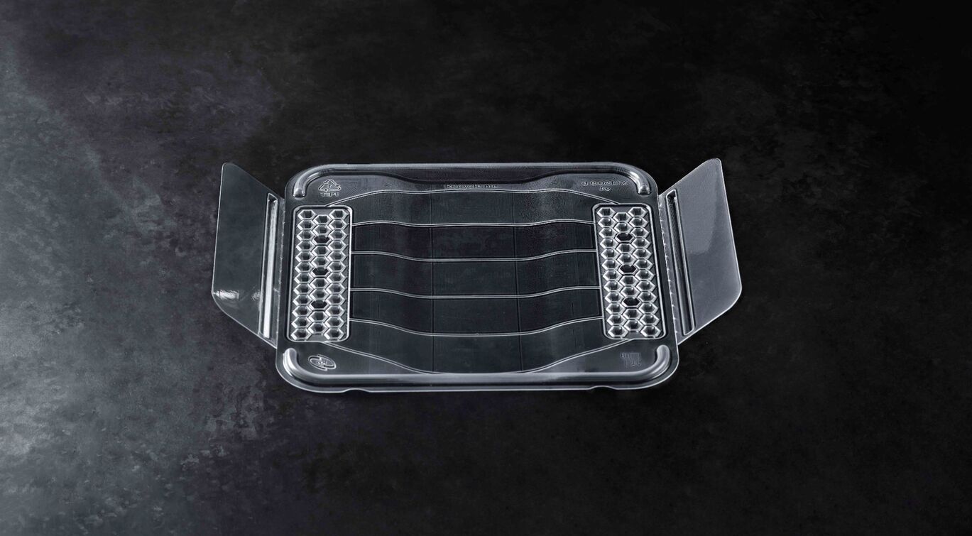 empty transparent thermoformed plastic tray packaging for food products