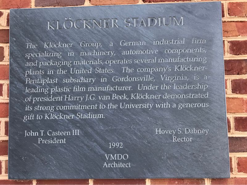 Klöckner Stadium plaque, detailing the partnership.