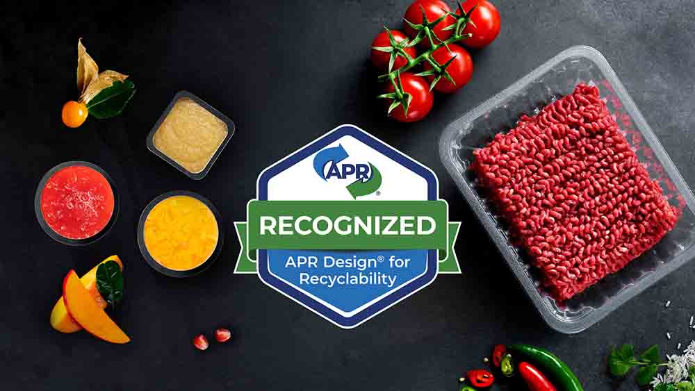 Picture showing the APR Design for Recycability logo with a transparent PET food packaging tray and minced meat