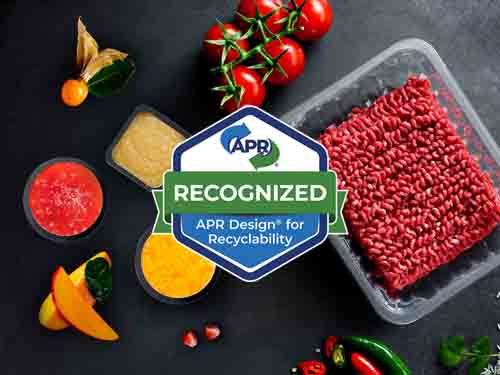 Picture showing the APR Design for Recyclability logo and a transparant PET food packaging tray