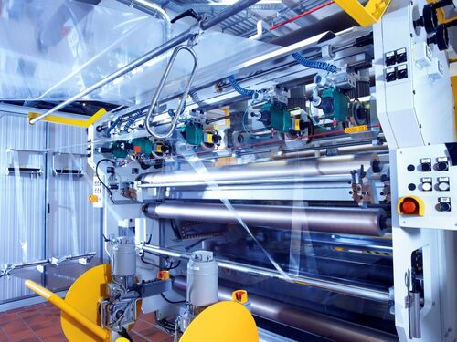 High-speed plastic film extrusion line producing sterile pharmaceutical packaging materials for global healthcare and pharma markets.