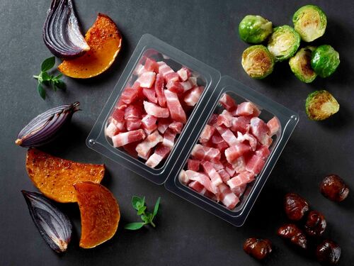 Picture showing a transparent plastic food rigid film with meat included