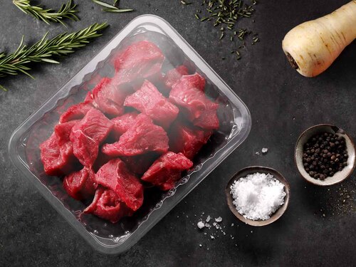 Picture shows a kp Flexi Lid Tray with meat