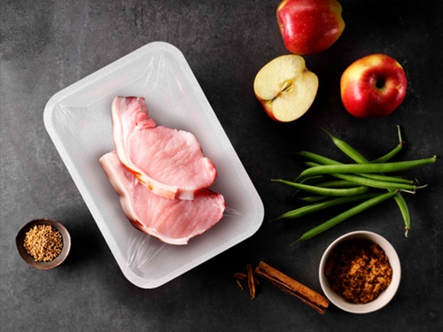 Traditional protein trays containing up to 50% recycled polystyrene