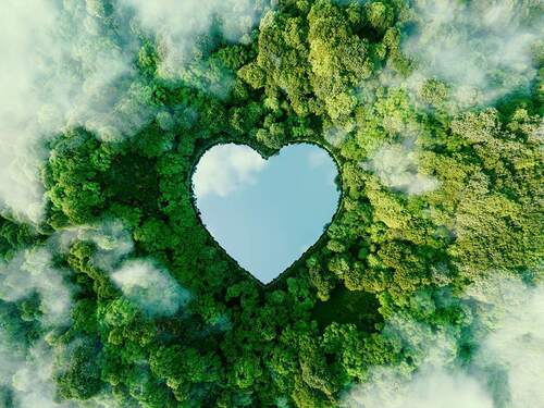 Picture showing a sustainable environment as a satelitte picture from a forest with a lake formed as a heart