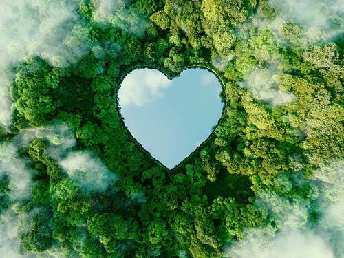 Picture showing a sustainable environment as a satelitte picture from a forest with a lake formed as a heart